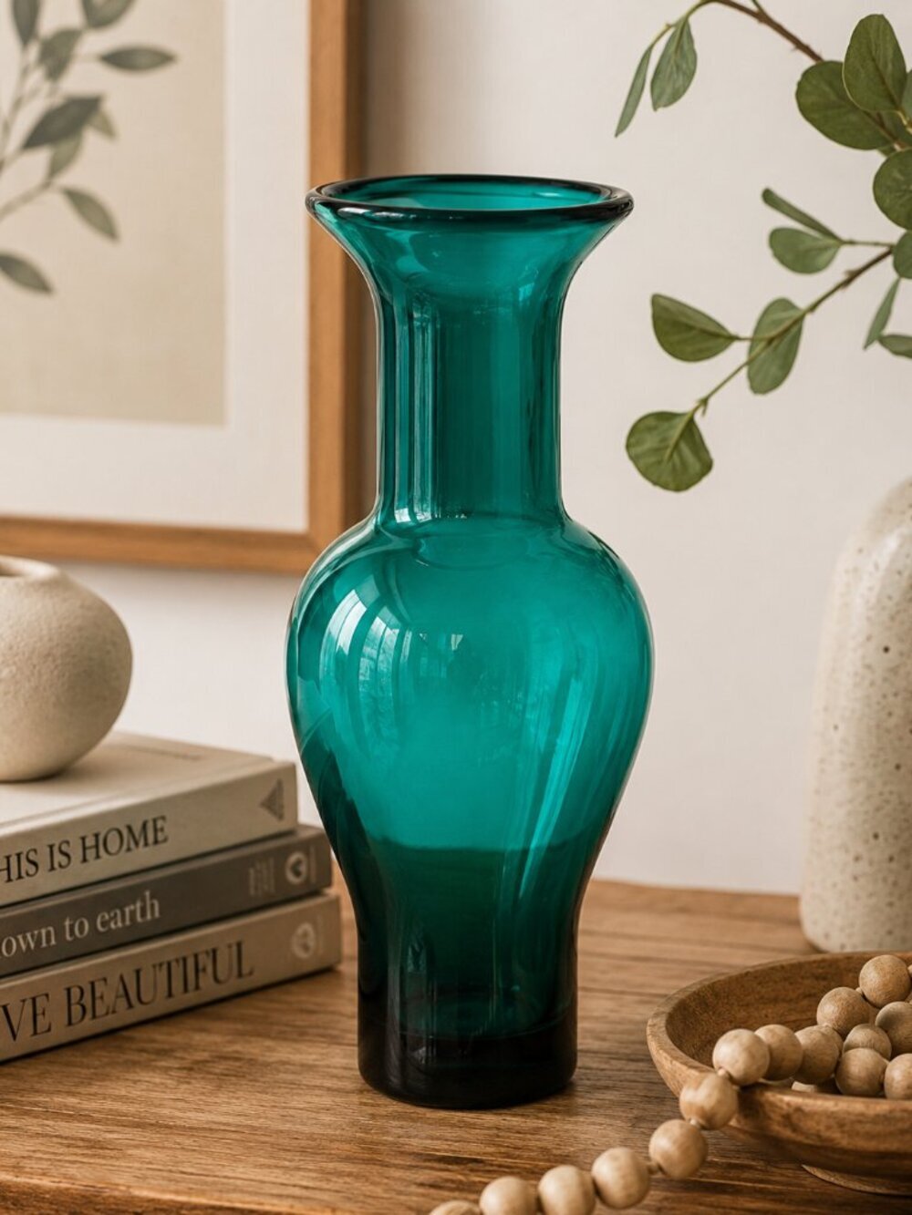Vintage Emerald Teal Art Glass Vase Hand Blown Mid Century Modern 9”